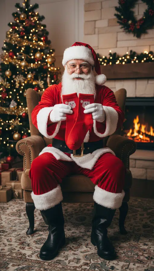 Erlebe die Magie: Du sitzt wie Santa am Kamin, hältst deine Santa Sparkle Socks-rote Socken mit fröhlichen Schneemännern.