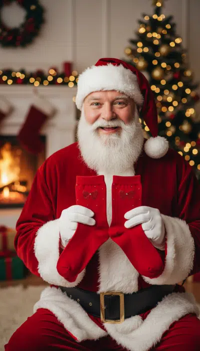 Hol dir den Glamour: Santa freut sich und präsentiert dir stylische Bow Socken vor Kamin und festlichem Weihnachtsbaum.