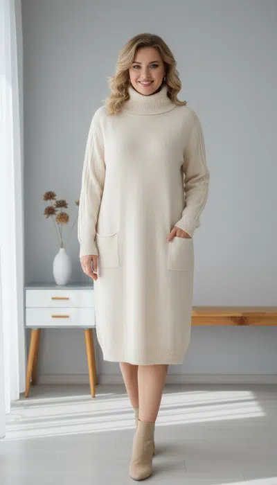 Strahle modernen Chic in deinem cremefarbenen Winter Warmth Strickkleid mit hohem Kragen und praktischen Taschen aus.