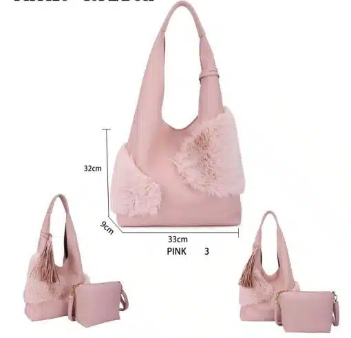 Hol dir die angesagte Teddy Glam Tasche in Pink mit Fake-Fur, Tassel-Charme und passendem Täschchen - moderne Details im Fokus!.