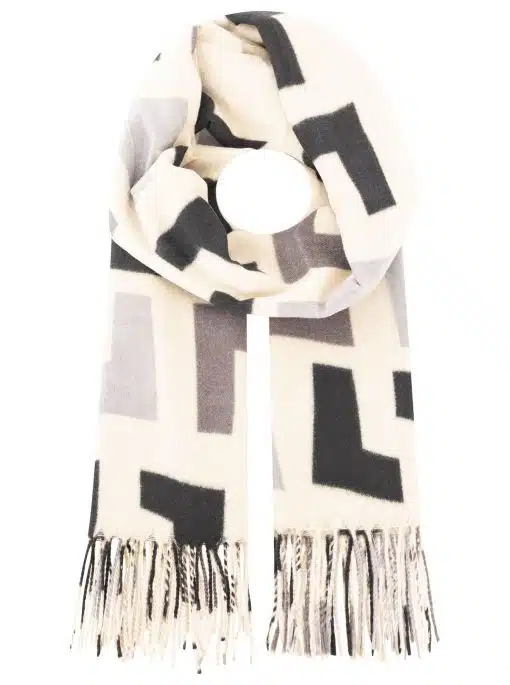 Spüre den Trend: Trage den Zwillingsherz Schal in Cream mit schwarzem und grauem Geo-Muster - lässig, modern, einzigartig.