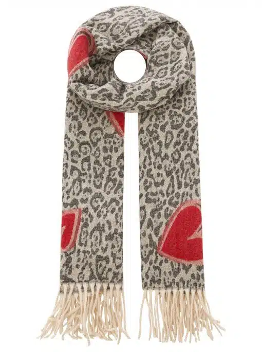 Mit dem "Herz & Patches" Winterschal setzt du Statements: Edler Leo-Print, rote Lippen, beige Fransen - trendy und stylisch für dich!.