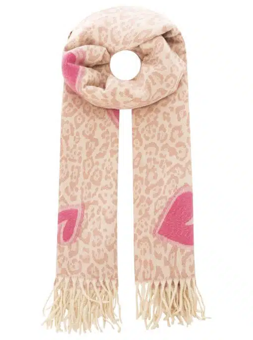 Setzen Sie ein modernes Statement mit dem Winterschal "Herz & Patches" in Beige, pinkem Leo-Print und auffälligen Fransen.