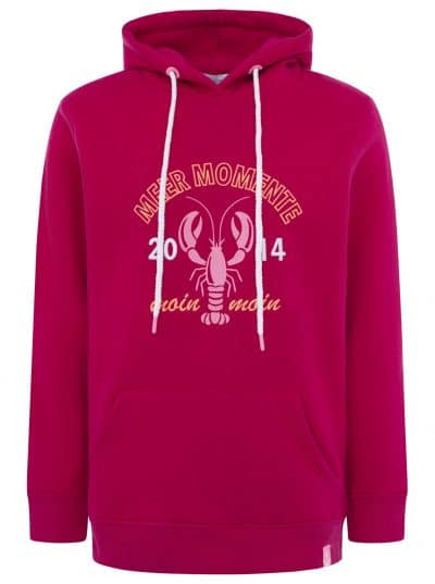 Sei stylish und setze ein Statement mit dem magenta Hoodie von Zwillingsherz - cooler Hummer-Print, weiße Kordeln, modern inspiriert.