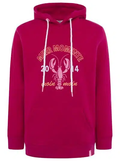 Sei stylish und setze ein Statement mit dem magenta Hoodie von Zwillingsherz - cooler Hummer-Print, weiße Kordeln, modern inspiriert.