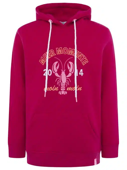 Sei stylish und setze ein Statement mit dem magenta Hoodie von Zwillingsherz - cooler Hummer-Print, weiße Kordeln, modern inspiriert.