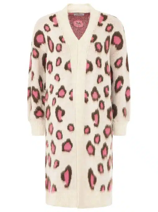 Zeig deinen Style mit dem Zwillingsherz Kuschel-Cardigan "Soft Leo" in Beige, rosa-braunem Leo-Print und offenem Schnitt.