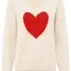 Zieh deinen Blickfang an: Ein cremefarbener Sweater mit rotem Herz-Design, langen Ärmeln und modernem V-Ausschnitt.