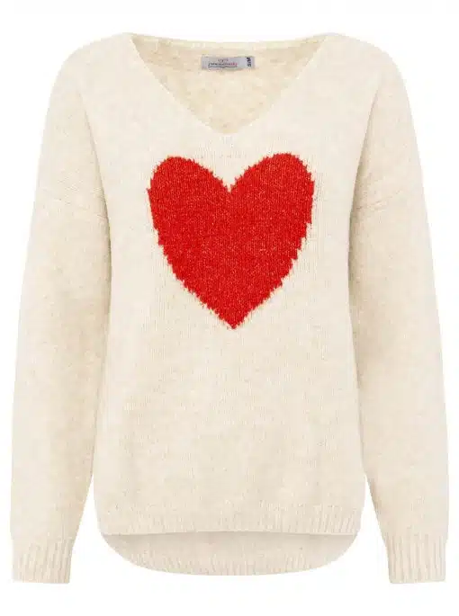 Zieh deinen Blickfang an: Ein cremefarbener Sweater mit rotem Herz-Design, langen Ärmeln und modernem V-Ausschnitt.