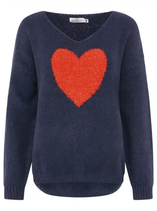 Setzen Sie ein Fashion-Statement: Trage den navyblauen Sweater mit stylischem, großem roten Herzprint - modern, cool und auffällig!.