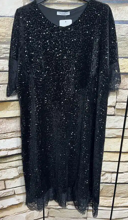 Entdecke dein Gala Shine Kleid: Kurzarm, Schwarz, glitzernde Pailletten, Spitze & Schleife - dein eleganter Auftritt vor Stein!.