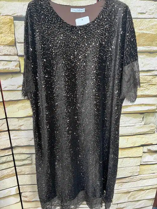 Entdecke dein Gala Shine Kleid: Schwarz, kurze Ärmel, funkelnde Pailletten und feine Spitze - dein eleganter Auftritt!.