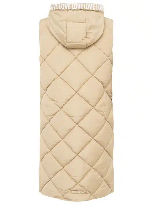 Entdecke deine neue Lieblingsweste: Beige, gesteppt, ärmellos, mit Kapuze und trendigem "LOVE"-Schriftzug am Rand.