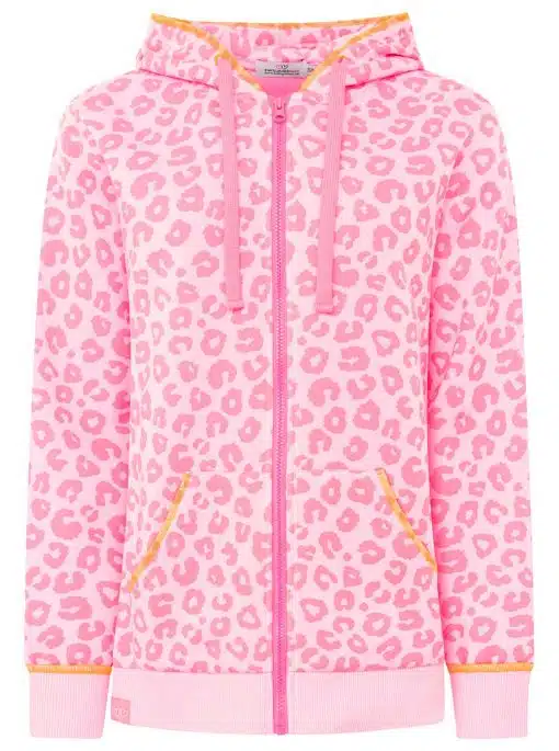 Bring Farbe in deinen Alltag: Die "Leo Neon" Sweatjacke setzt dich mit Neon-Leo-Print und gelben Details stylisch in Szene.