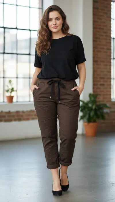 Erlebe den Herbst-Style: Zieh die braune "Zauberhafte Hose 2025" an, dazu ein schwarzes Shirt - modern & gemütlich!.