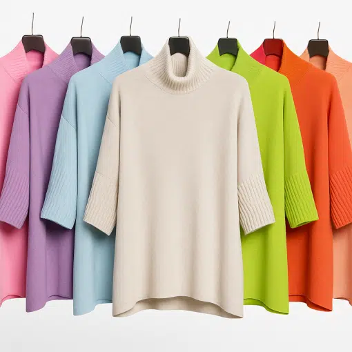 Entdecke deinen Style: Sieben Seven Élégance Classique Pullover in Trendfarben warten ordentlich auf stylischen schwarzen Bügeln auf dich!.