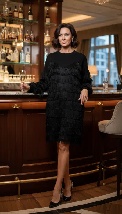 Du trägst das schwarze Fringe Star Kleid, hältst stilvoll Champagner und präsentierst dich elegant an einer modernen Bar.