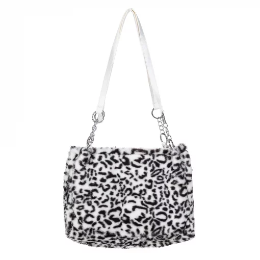 Trage jetzt diese trendige Handtasche aus weißem Kunstfell mit Leo-Print und stylischem Schulterriemen - dein Fashion-Statement!.