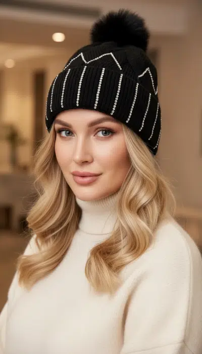 Strahle mit der Kristallzauber Mütze - stylishe Glitzer-Details, flauschiger Pompon, perfekt zu deinem weißen Turtleneck!.