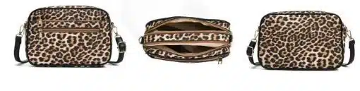 Sichere dir diese angesagte Crossbody-Bag im trendigen Leo-Print, mit goldenen Zippern und stylischem schwarzem Gurt.