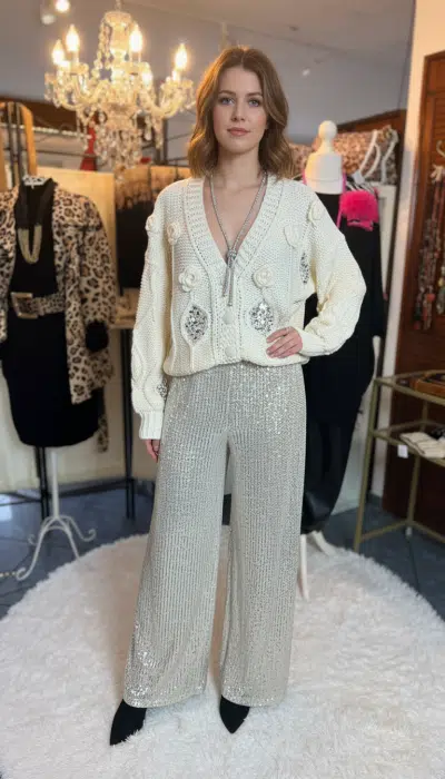 Erlebe das Funkeln: Du trägst eine cremefarbene Strickjacke und Midnight Sparkle Hose im stilvollen Vintage-Boutique-Flair.