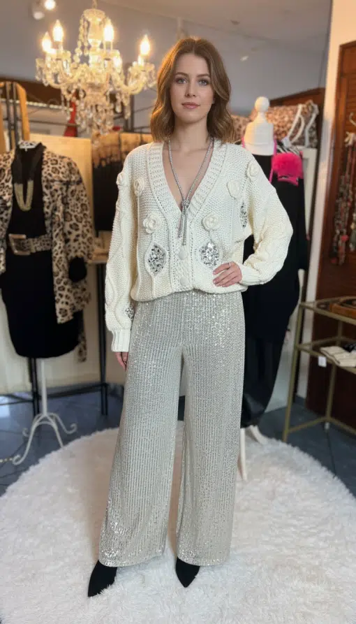 Erlebe das Funkeln: Du trägst eine cremefarbene Strickjacke und Midnight Sparkle Hose im stilvollen Vintage-Boutique-Flair.