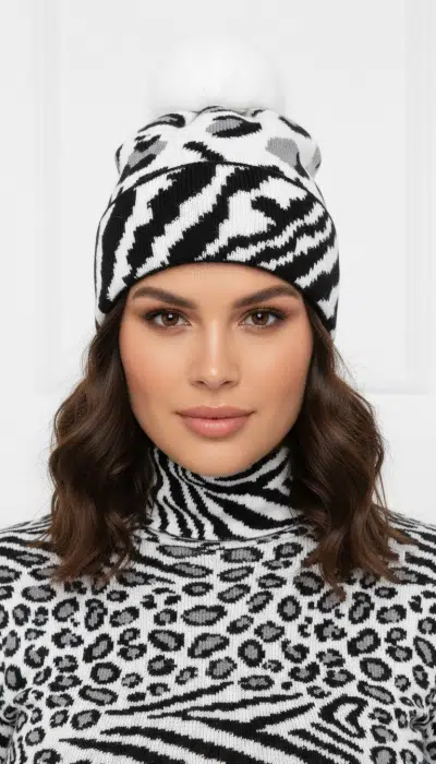 Mit der Wildlook Mütze mit Animal-Print und Fake-Fur-Pompom setzt du ein Statement - perfekt kombiniert zum angesagten Sweater!.