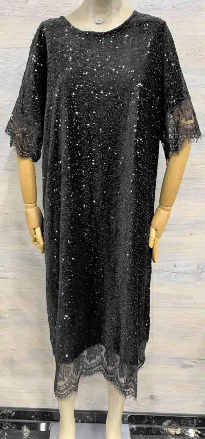 Entdecke dein Gala Shine Kleid: Schwarzes, funkelndes Paillettenkleid mit Schleife und zarter Spitze - modern, elegant, unwiderstehlich!.