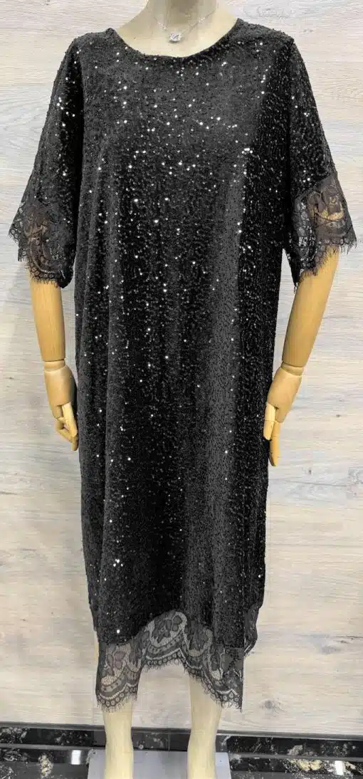 Entdecke dein Gala Shine Kleid: Schwarzes, funkelndes Paillettenkleid mit Schleife und zarter Spitze - modern, elegant, unwiderstehlich!.