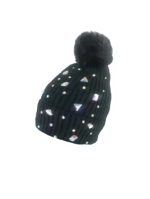 Setze ein Statement mit dieser schwarzen Strickmütze, funkelnden Glitzersteinen und coolem Bommel - dein neuer Trend-Style!.