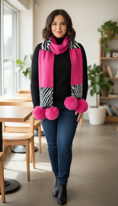 Setze ein Statement: Trage den Wildlook-Schal mit Animal-Print und Pom-Poms zu Jeans im stylischen Café - dein Look, dein Moment.