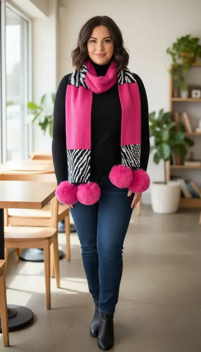 Setze ein Statement: Trage den Wildlook-Schal mit Animal-Print und Pom-Poms zu Jeans im stylischen Café - dein Look, dein Moment.