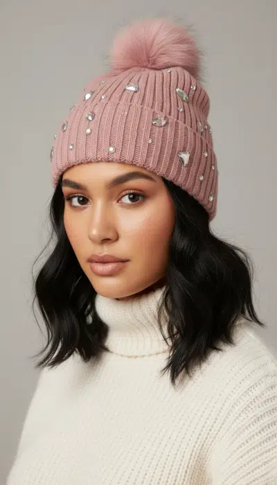 Setze ein Statement: Du trägst die elegante Winterzauber Mütze mit funkelnden Kristallen, Pompon und weißen Rollkragen.