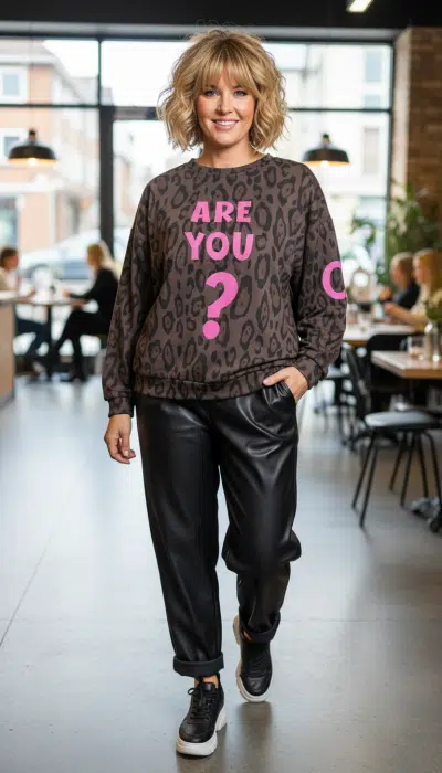 Strahle Stil aus, während du lächelnd im Café das ARE YOU OK Sweatshirt mit coolem Leo-Print und pinkem "ARE YOU?" trägst.