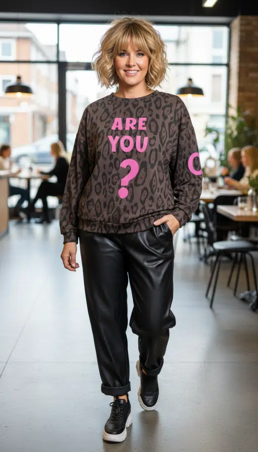 Strahle Stil aus, während du lächelnd im Café das ARE YOU OK Sweatshirt mit coolem Leo-Print und pinkem "ARE YOU?" trägst.