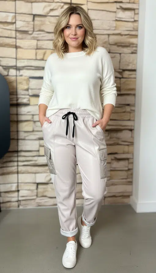 Style die Cargo-Jogpants in cooler Lederoptik mit weißem Sweater und Sneakern - dein lässiger Look für jeden Tag!.