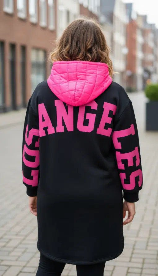 Zeig deinen Style im "Los Angeles" Sweatmantel: Schwarzer Mantel, pinke Kapuze, auffällige Schrift - perfekt für die City!.