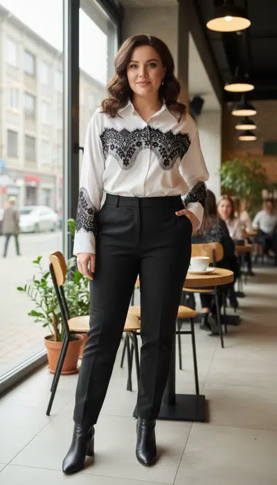 Erlebe den modernen Look: Du trägst die Bella Lace White Bluse, stylishe schwarze Hosen und Boots im angesagten Café am Fenster.