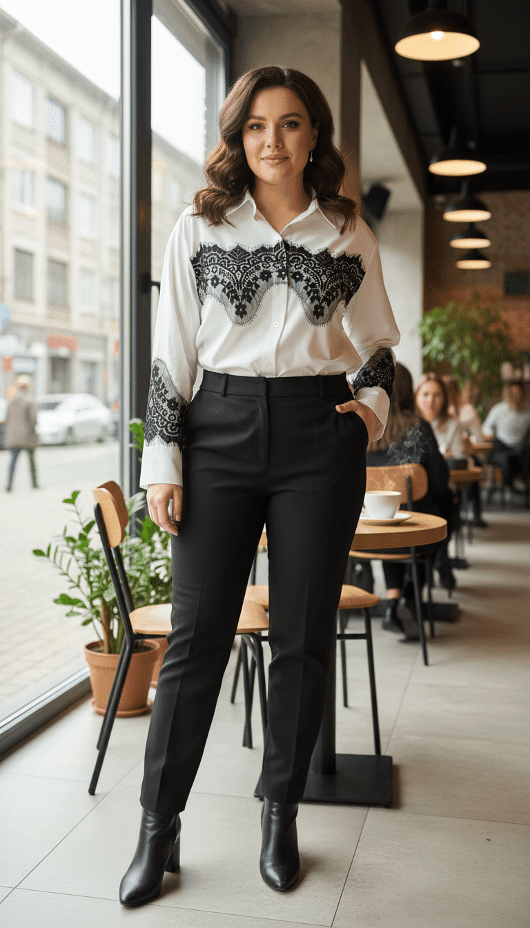 Erlebe den modernen Look: Du trägst die Bella Lace White Bluse, stylishe schwarze Hosen und Boots im angesagten Café am Fenster.