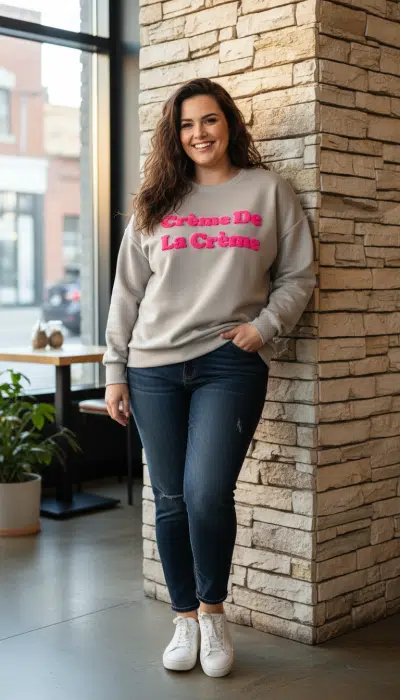 Mit der Urban Flame Jacke, dem "Crème De La Crème" Sweatshirt und Jeans strahlst du trendigen Style an der Steinwand aus.