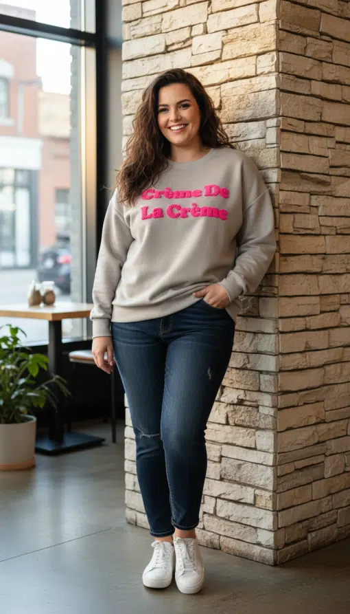 Mit der Urban Flame Jacke, dem "Crème De La Crème" Sweatshirt und Jeans strahlst du trendigen Style an der Steinwand aus.