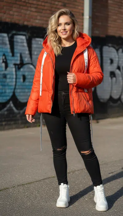 Du trägst die Urban Flame Jacke und schwarze Jeans, posierst vor Graffiti und strahlst pure Lebensfreude in die Kamera aus.
