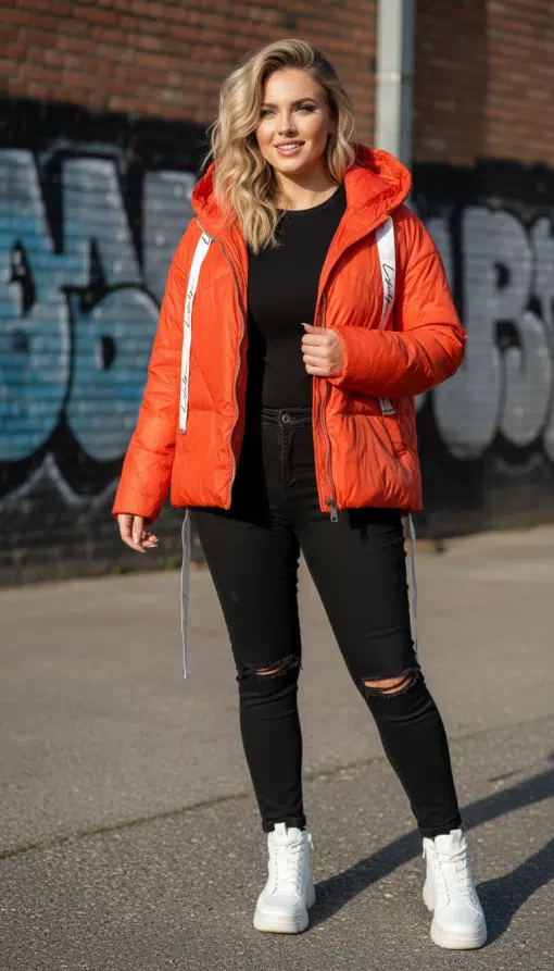 Du trägst die Urban Flame Jacke und schwarze Jeans, posierst vor Graffiti und strahlst pure Lebensfreude in die Kamera aus.