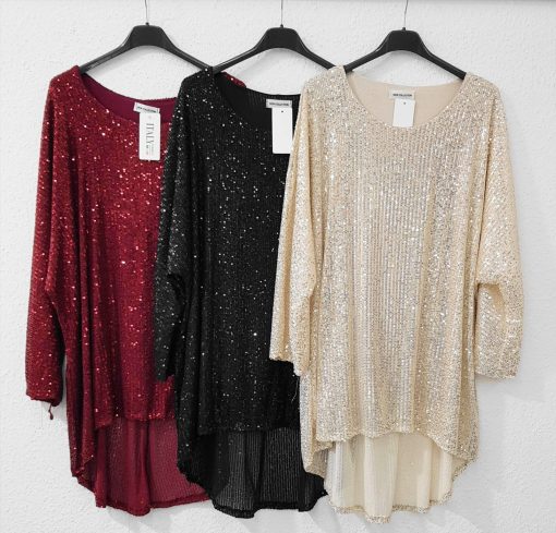 Entdecke deinen perfekten Look: Funkelnde Pailletten-Shirts in Rot, Schwarz und Gold bringen Glanz in deinen Kleiderschrank!.