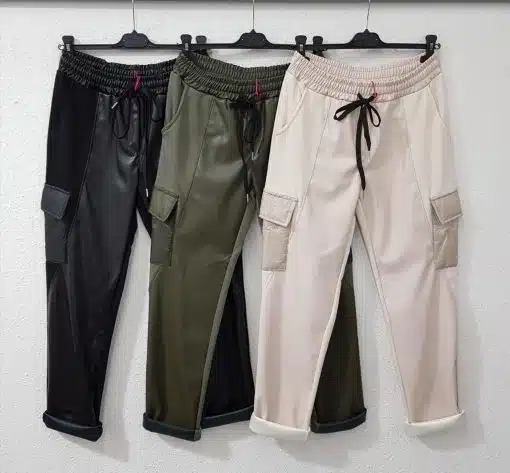 Entdecke deine neuen Cargo-Jogpants in Lederoptik - trendy in Schwarz, Olivgrün und Beige, perfekt für deinen modernen Look!.