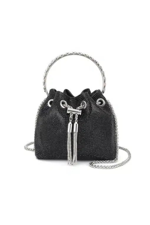 Hol dir den Glam-Faktor: Diese schwarze Glitzer-Bucket Bag mit Silberkette & Tasseln setzt jedes Outfit stylish in Szene!.