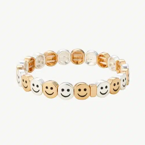 Erlebe das Smiley-Armband: Goldene und silberne Smileys wechseln sich trendig ab - dein stylischer Eyecatcher!.