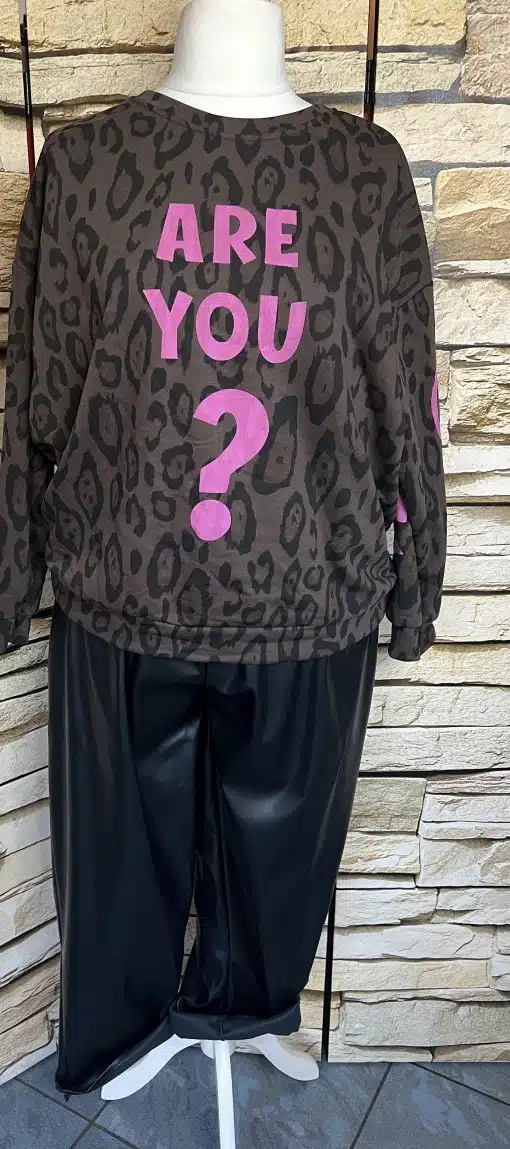 Entdecke deinen Style: Trage das ARE YOU OK Sweatshirt im Leopardenlook mit pinkem "ARE YOU?" Print und schwarzen Pants.