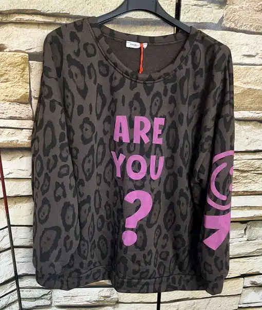 Hol dir das trendige ARE YOU OK Sweatshirt mit stylischem Leo-Print und pinkem ARE YOU?-Schriftzug - ein echter Eyecatcher!.