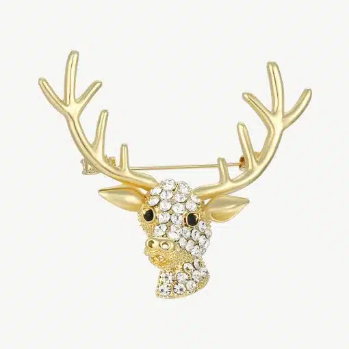 Setze ein Statement mit dieser goldenen Hirschkopf-Brosche: Glitzerndes Gesicht, große Geweihe und schwarze Augen - dein Hingucker!.